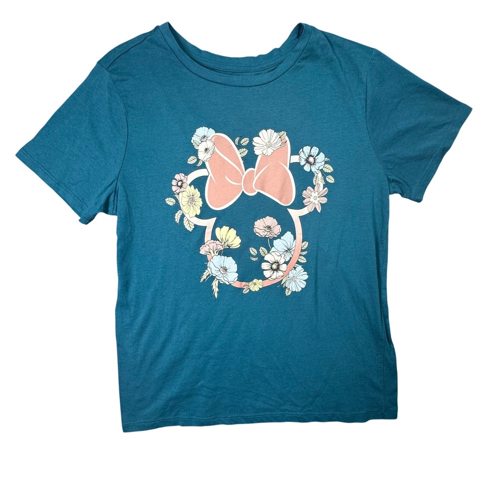 Disney Minnie‎ Mouse Floral Graphic T-Shirt Theme Park Teal Blue Size M Kidcore
